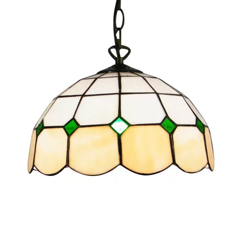 Tiffany Art Glass Dome Pendant Light - Beige/Orange/Blue - 1 Bulb - Ceiling Hang Fixture for Living Room - 8"/12"/16" W