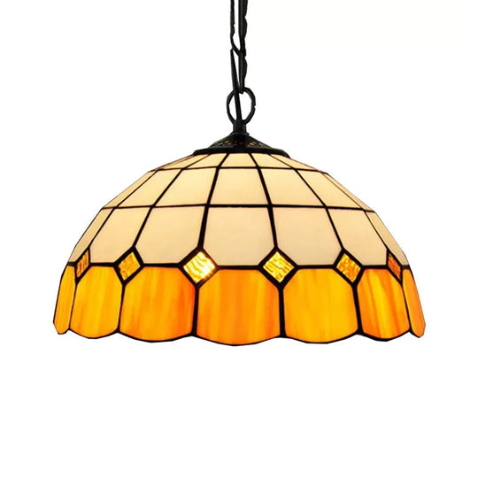 Tiffany Art Glass Dome Pendant Light - Beige/Orange/Blue - 1 Bulb - Ceiling Hang Fixture for Living Room - 8"/12"/16" W