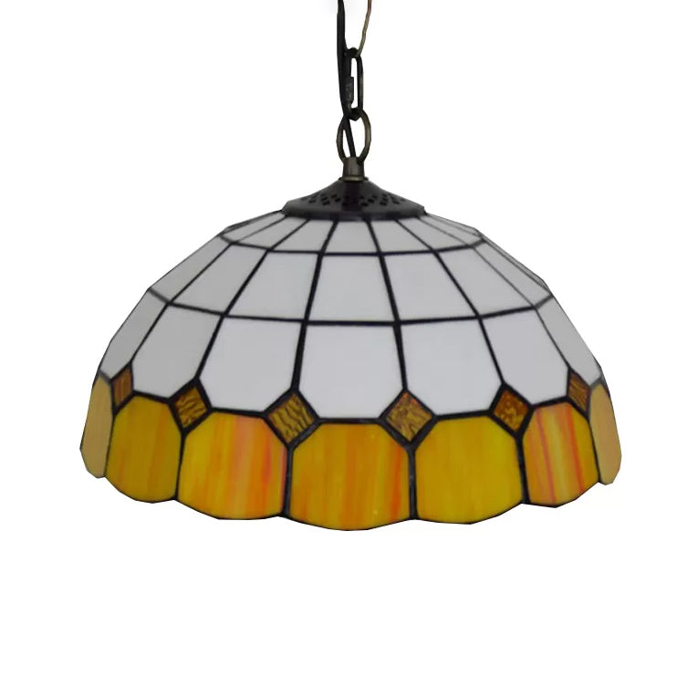 Tiffany Art Glass Dome Pendant Light - Beige/Orange/Blue - 1 Bulb - Ceiling Hang Fixture for Living Room - 8"/12"/16" W