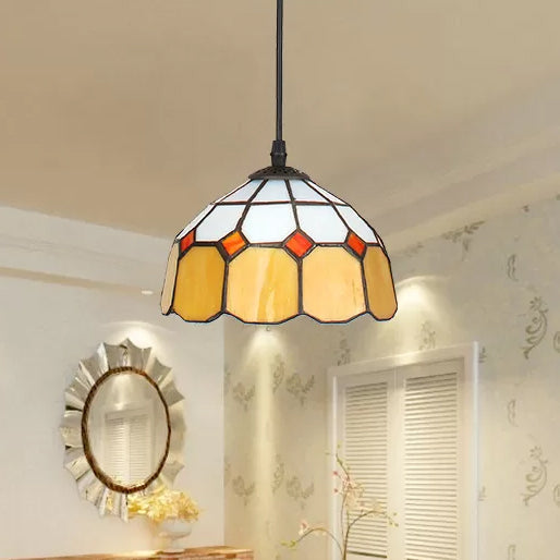 Tiffany Art Glass Dome Pendant Light - Beige/Orange/Blue - 1 Bulb - Ceiling Hang Fixture for Living Room - 8"/12"/16" W