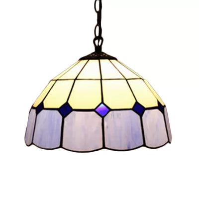 Tiffany Art Glass Dome Pendant Light - Beige/Orange/Blue - 1 Bulb - Ceiling Hang Fixture for Living Room - 8"/12"/16" W