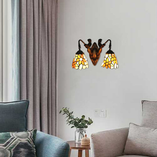 Baroque Brass Bell Sconce: 2-Light Multicolored Stained Glass Wall Mount