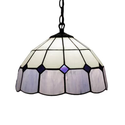 Tiffany Art Glass Dome Pendant Light - Beige/Orange/Blue - 1 Bulb - Ceiling Hang Fixture for Living Room - 8"/12"/16" W