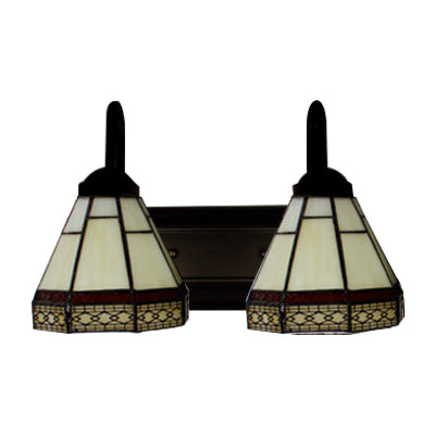 Tiffany Beige Glass Cone Sconce Light Fixture - Wall Mounted Black 2-Headed Lighting