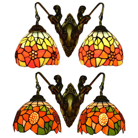 Tiffany Style Flower Wall Sconce Light Fixture - Orange-Green/Orange-Yellow Glass Antique Brass 2