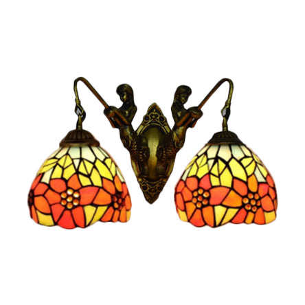 Tiffany Style Flower Wall Sconce Light Fixture - Orange-Green/Orange-Yellow Glass Antique Brass 2