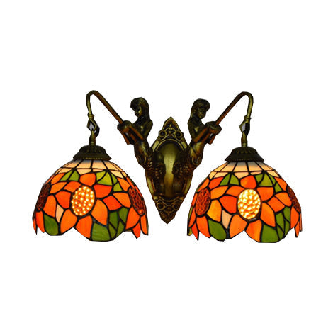 Tiffany Style Flower Wall Sconce Light Fixture - Orange-Green/Orange-Yellow Glass Antique Brass 2