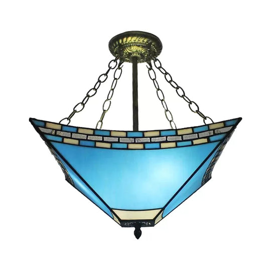 Tiffany Bedroom Ceiling Lights - 3-Light Pyramid Semi Flush With Chain And Stained Glass Shade 18