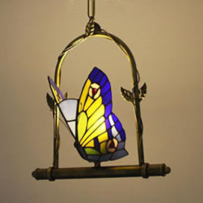 Warm Brass Tiffany Style Butterfly Pendant Light For Balcony - Stainless Glass 1-Light Suspension