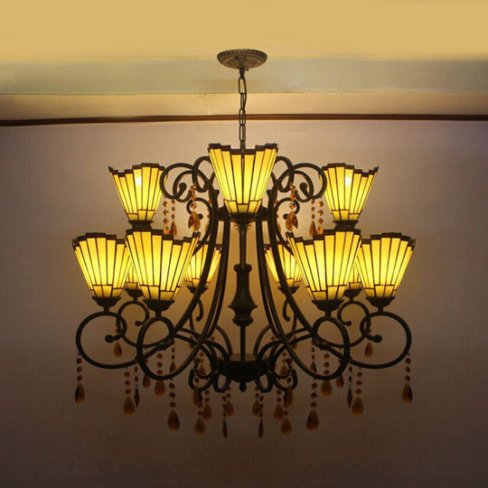 Country Geometric Hanging Pendant Stained Glass Chandelier - 11 Lights, Crystal Pendants - Yellow