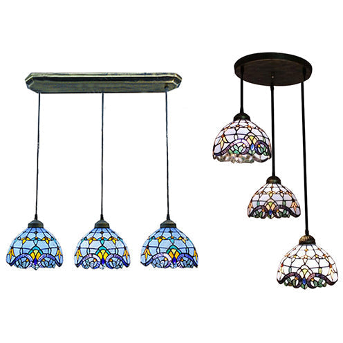 Victorian Stained Glass Pendant Light - White/Blue Linear/Round Design 3 Heads Ideal For Dining Room