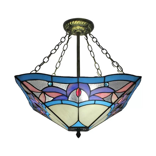 Tiffany Bedroom Ceiling Lights - 3-Light Pyramid Semi Flush with Chain and Stained Glass Shade - 18" High x 18" Diameter