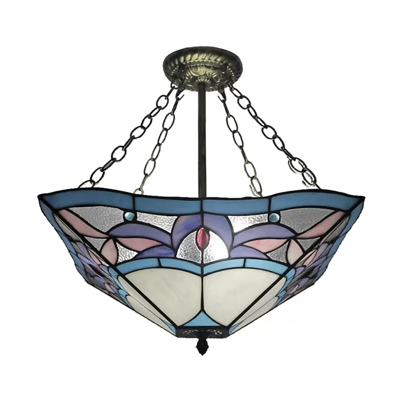 Tiffany Bedroom Ceiling Lights - 3-Light Pyramid Semi Flush with Chain and Stained Glass Shade - 18" High x 18" Diameter