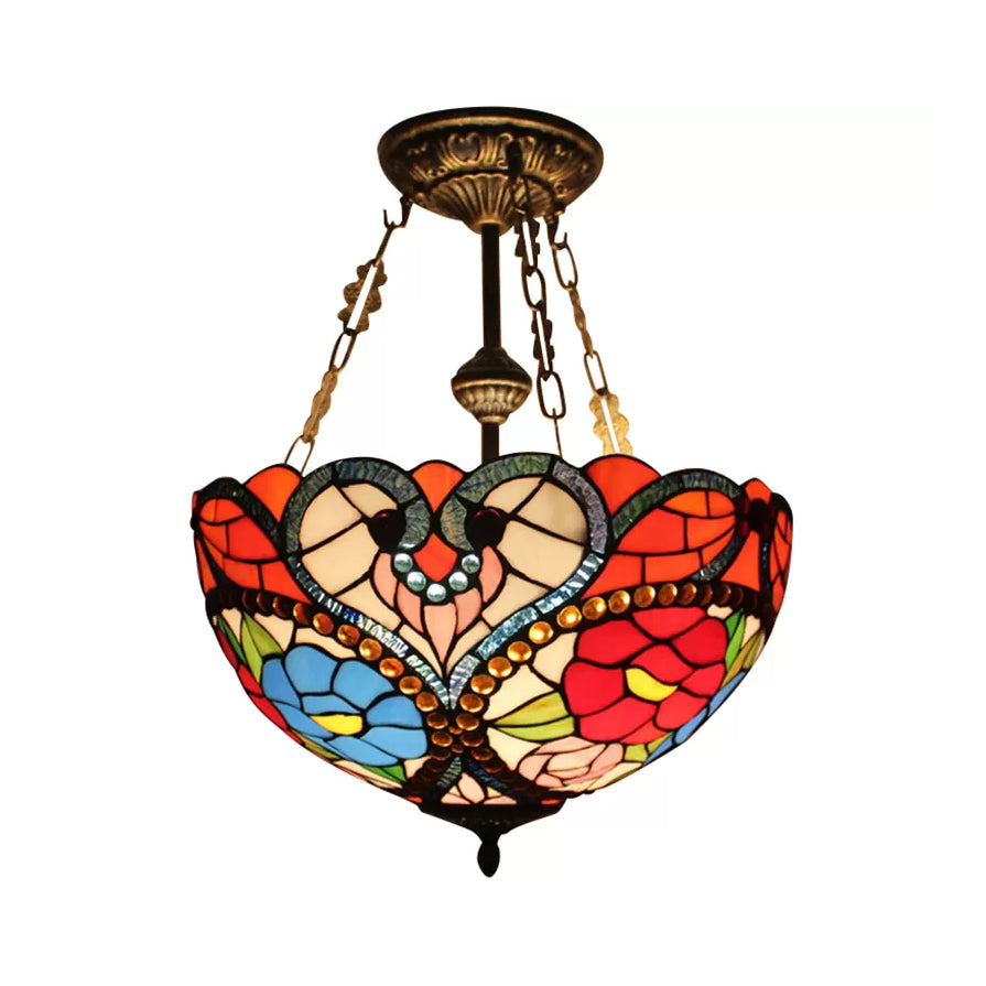 Victorian Stained Glass Ceiling Light - Elegant Semi Flush Mount with Floral Pattern