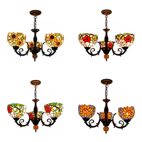 Colorful Stained Glass Bowl Chandelier in Retro Brass: Flower Pattern, 3 Bulbs, Vibrant Lighting