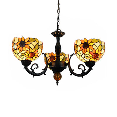 Colorful Stained Glass Bowl Chandelier in Retro Brass: Flower Pattern, 3 Bulbs, Vibrant Lighting