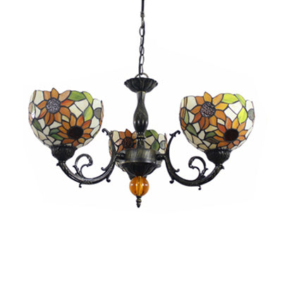 Colorful Stained Glass Bowl Chandelier Light In Retro Style Brass - Flower Design 3 Bulbs