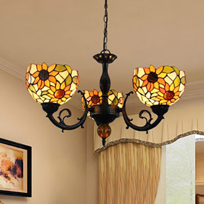 Colorful Stained Glass Bowl Chandelier in Retro Brass: Flower Pattern, 3 Bulbs, Vibrant Lighting