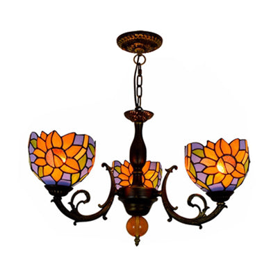 Colorful Stained Glass Bowl Chandelier Light In Retro Style Brass - Flower Design 3 Bulbs