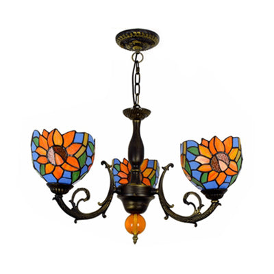 Colorful Stained Glass Bowl Chandelier in Retro Brass: Flower Pattern, 3 Bulbs, Vibrant Lighting