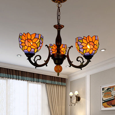 Colorful Stained Glass Bowl Chandelier in Retro Brass: Flower Pattern, 3 Bulbs, Vibrant Lighting