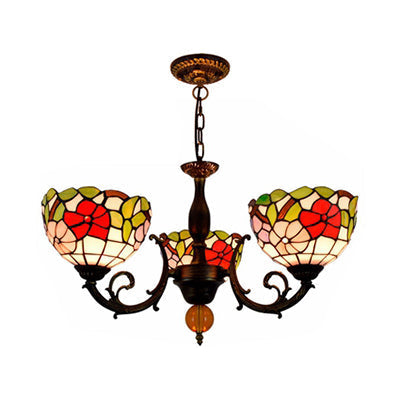 Colorful Stained Glass Bowl Chandelier in Retro Brass: Flower Pattern, 3 Bulbs, Vibrant Lighting