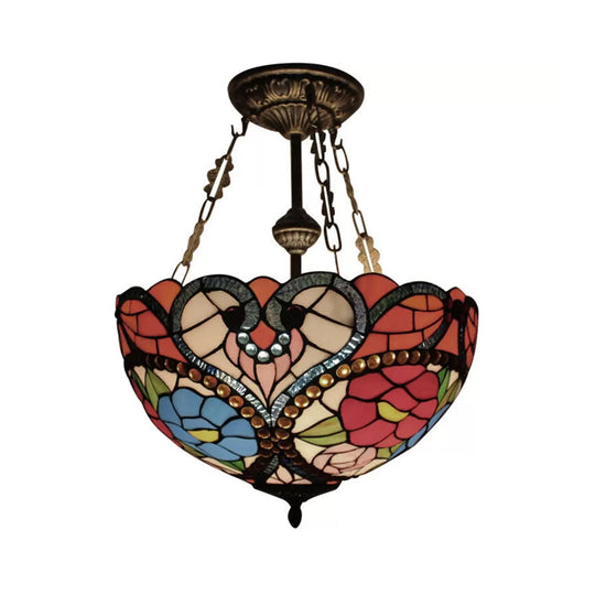 Victorian Stained Glass Ceiling Light - Elegant Semi Flush Mount with Floral Pattern