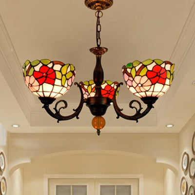 Colorful Stained Glass Bowl Chandelier in Retro Brass: Flower Pattern, 3 Bulbs, Vibrant Lighting