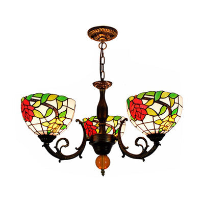 Colorful Stained Glass Bowl Chandelier in Retro Brass: Flower Pattern, 3 Bulbs, Vibrant Lighting