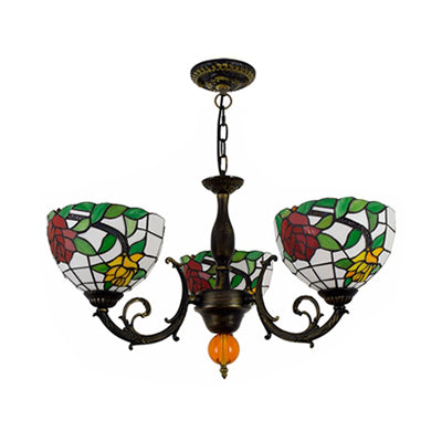 Colorful Stained Glass Bowl Chandelier in Retro Brass: Flower Pattern, 3 Bulbs, Vibrant Lighting