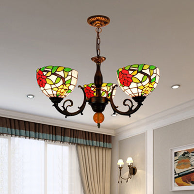 Colorful Stained Glass Bowl Chandelier in Retro Brass: Flower Pattern, 3 Bulbs, Vibrant Lighting