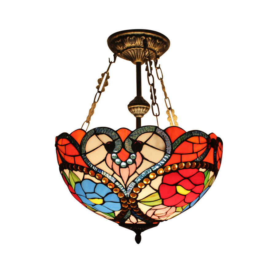 Victorian Stained Glass Ceiling Light - Elegant Semi Flush Mount with Floral Pattern