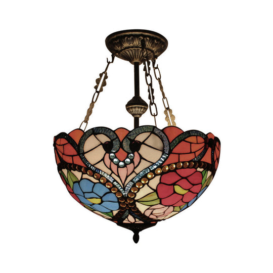 Victorian Stained Glass Ceiling Light - Elegant Semi Flush Mount with Floral Pattern