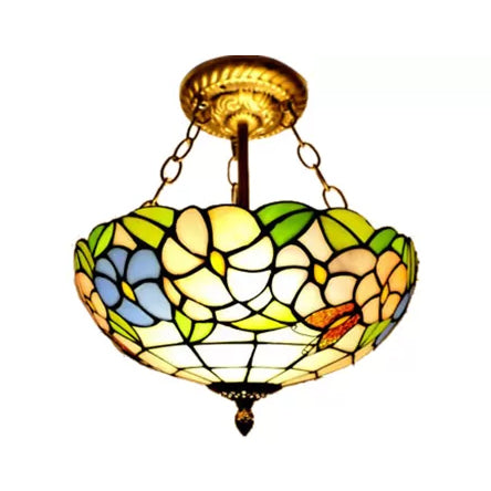 Victorian Floral Semi Flush LED Ceiling Light with Stained Glass Shade - 12" W