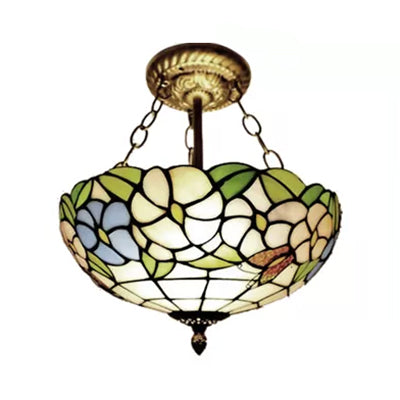 Victorian Floral Semi Flush LED Ceiling Light with Stained Glass Shade - 12" W