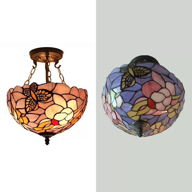 Victorian Floral Semi Flush LED Ceiling Light with Stained Glass Shade - 12" W