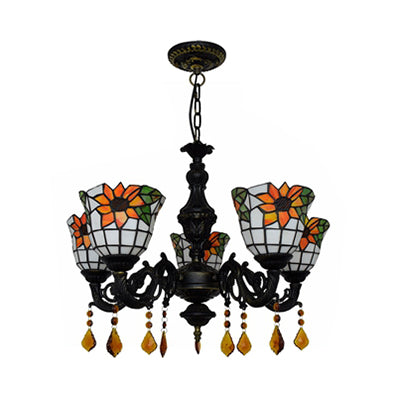 Sunflower Stained Glass Chandelier with 5 Lights - Decorative Suspension Light