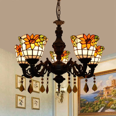 Sunflower Stained Glass Chandelier with 5 Lights - Decorative Suspension Light