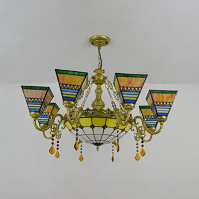 Rustic 9-Light Stained Glass Pyramid Chandelier with Crystal Accents for Bedroom Suspension