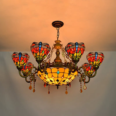 Rustic Multicolor Stained Glass Bowl-Shaped Hanging Light With Crystal - 9 Lights Chandelier For