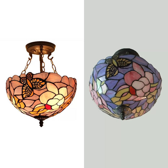 Victorian Floral Semi Flush Led Ceiling Light With Stained Glass Shade - 12 W