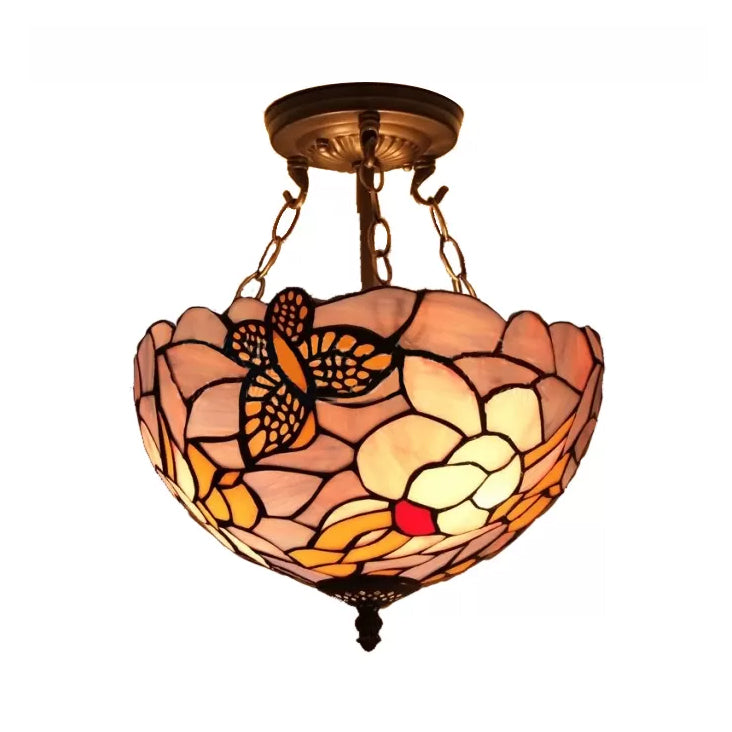 Victorian Floral Semi Flush LED Ceiling Light with Stained Glass Shade - 12" W