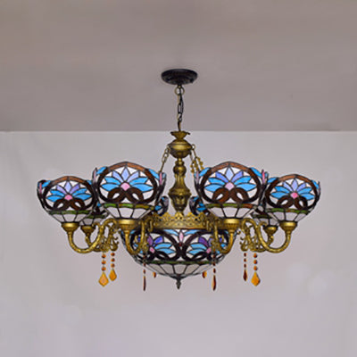 Blue Tiffany Crystal Chandelier With Bowl Glass Shade - 9 Light Suspension For Bedroom