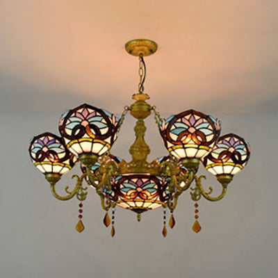 Blue Stained Glass Bowl Hanging Pendant Chandelier With Crystal Accents - Rustic Bedroom Lighting