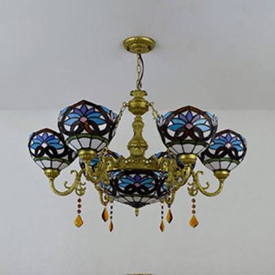 Rustic 7-Light Stained Glass Chandelier with Blue Crystal Pendant for Bedroom