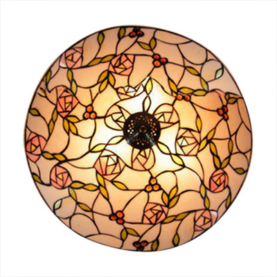 Art Glass Flushmount With Pink Rose And Leaf Lodge Design - 2-Light Decorative Fixture For Bedroom