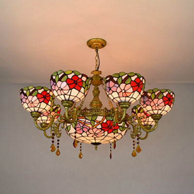 Rustic Stained Glass Inverted Chandelier with Scalloped Shade and Flower Pattern - 9 Lights for Bedroom