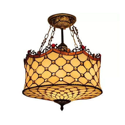 LED Vintage Ceiling Lights: Elegant Semi Flush Mount Lighting with Antique Brass Finish and Stained Glass Shade for your Bedroom