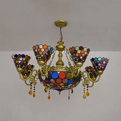 Rustic 11-Light Stained Glass Cone Chandelier With Colorful Circle Pattern