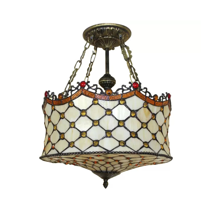 LED Vintage Ceiling Lights: Elegant Semi Flush Mount Lighting with Antique Brass Finish and Stained Glass Shade for your Bedroom